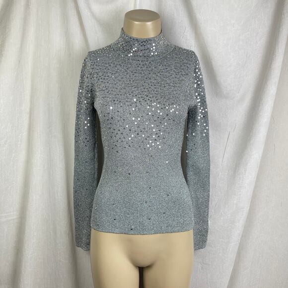 VTG Y2K Once Again Silver Sequin Mock Turtle Neck Sweater Shimmery Sparkly Sz M - Picture 1 of 16